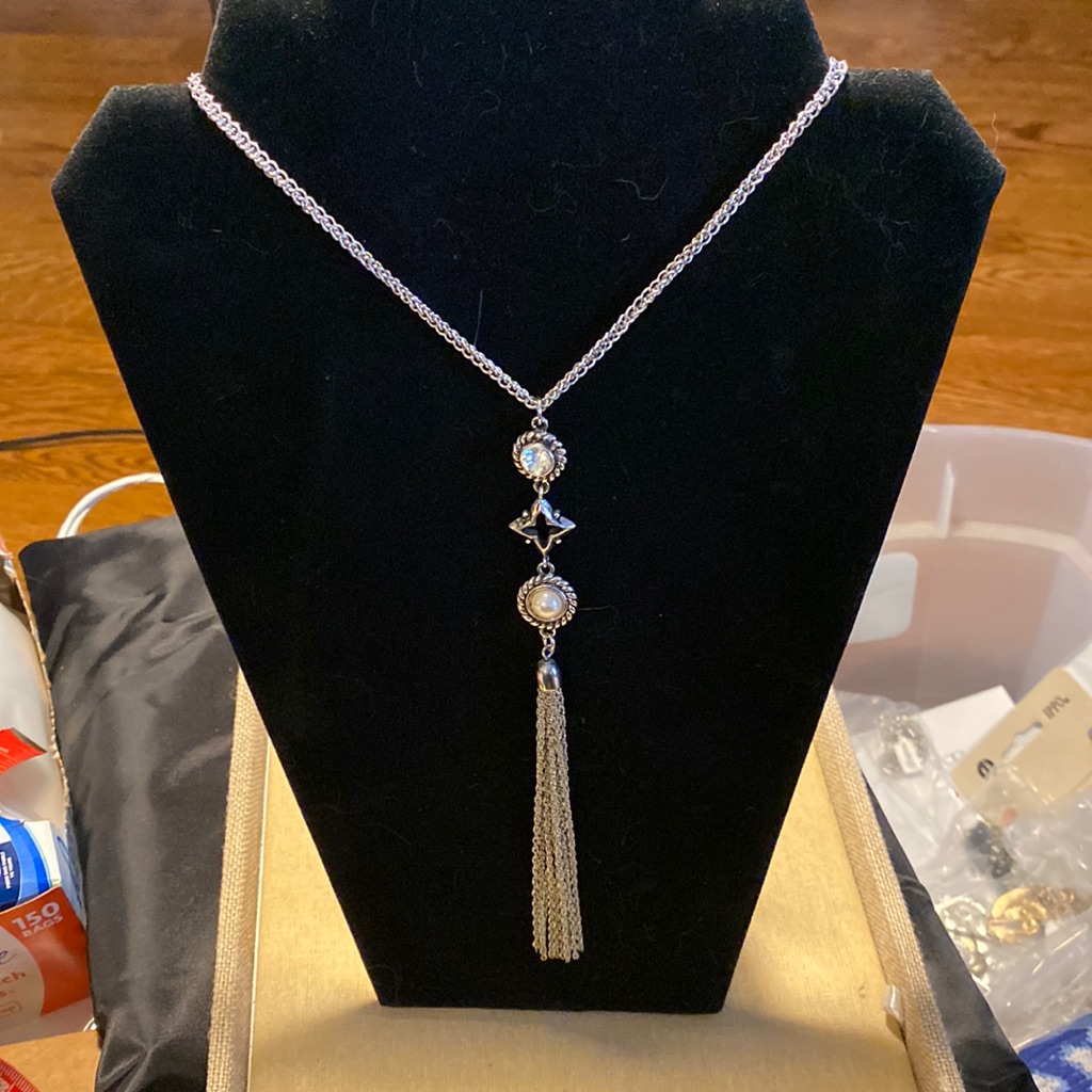 Nwt Scroll Long Silver Necklace With Tassel